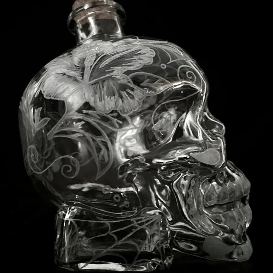 Exquisitely Hand-Engraved Crystal Decanter Featuring a Sugar Skull
