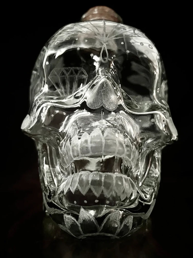 Exquisitely Hand-Engraved Crystal Decanter Featuring a Sugar Skull
