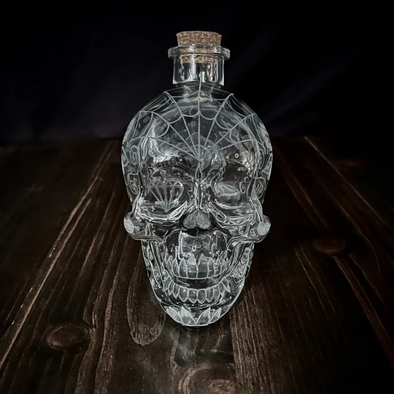 Exquisitely Hand-Engraved Crystal Decanter Featuring a Sugar Skull