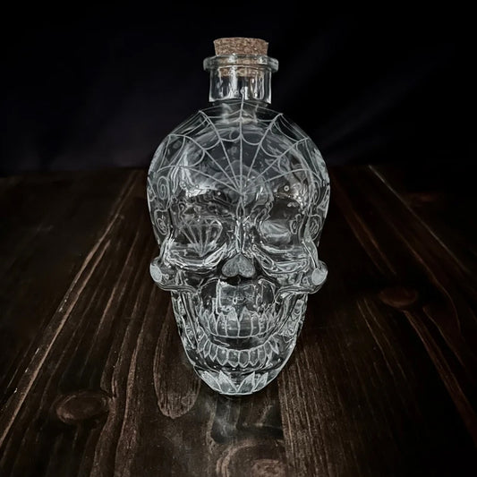 Exquisitely Hand-Engraved Crystal Decanter Featuring a Sugar Skull